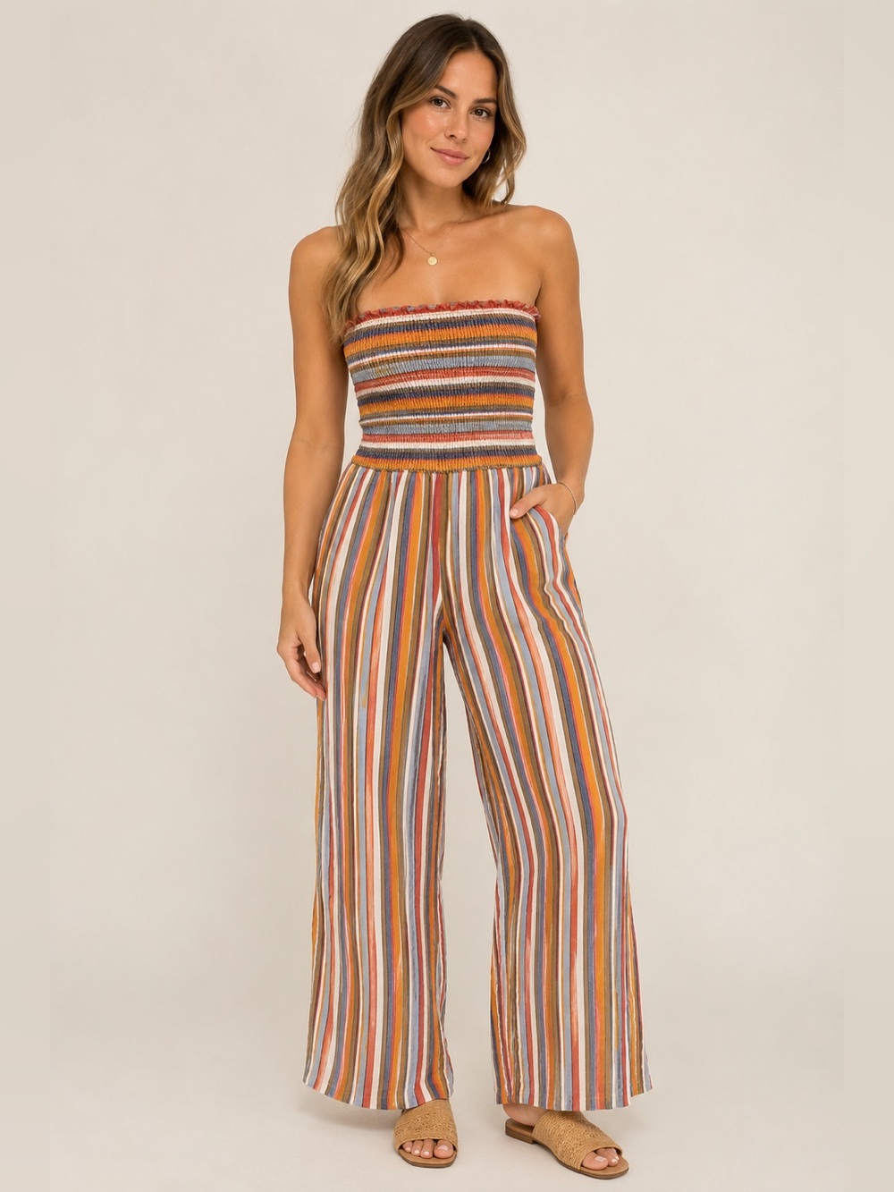 Altar’d State Striped Strapless Smocked Wide Leg Jumpsuit Boho